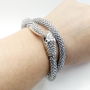Silver Wrap Around Bracelet, Bracelet Ouroboros Silver, Double Wrapped Bracelet, Snake Bangle for Women, Handmade Serpent Jewelry