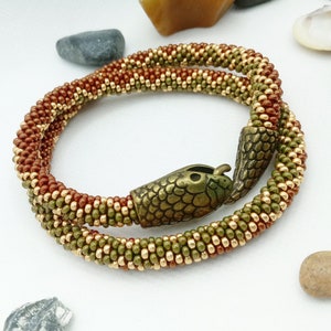 Bronze Green Ouroboros Snake Bracelet, Beaded Serpent Bracelet, Gothic Wiccan Jewelry Gift for Women or Men