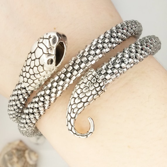 Silver Snake Bracelet, Beaded Snake Bracelet Cuff, Memory Wire Bracelets  for Women, Serpent Bangle 