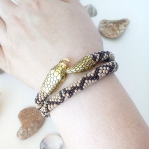 Snake bead bracelet, Ouroboros bracelet, Serpent bangle, Brown snakeskin bracelet, Wrap around bracelet, Statement bracelet