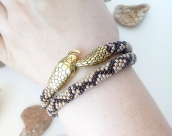 Bracciale con perline a forma di serpente, bracciale Ouroboros, bracciale rigido a forma di serpente, bracciale in pelle di serpente marrone, bracciale avvolgente, bracciale vistoso