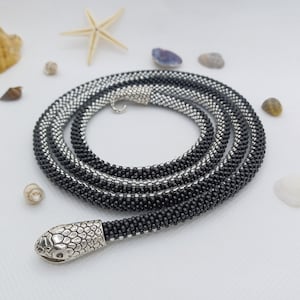 Beaded Ouroboros Snake Choker, Silver & Black Serpent Wrap Necklace, Gothic Snake Jewelry for Women, Handmade Statement Necklace