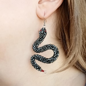 Seed Bead Snake Earrings: Long Beaded Serpent Dangle, Witchy Boho Jewelry