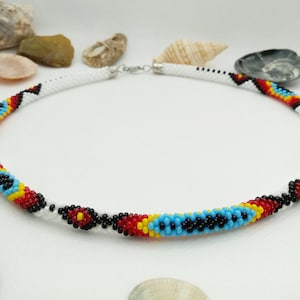 Colorful Beaded Choker Necklace, Western Ethnic Unisex Jewelry, Native Style Handmade Beadwork Gift