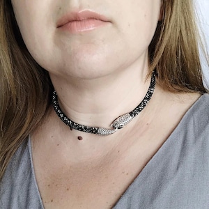 Gothic Snake Choker Black Silver, Serpent Ouroboros Necklace, Handmade Beaded Choker Gift for Snake Lovers