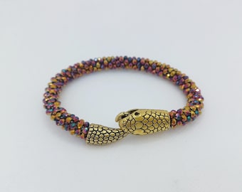 Gold Snake Bracelet for Women, Handmade Beaded Serpent Jewelry, Elegant Ouroboros Gift