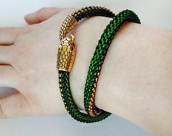 Green Ouroboros Bracelet, Wrap Around Bracelet, Snake Wrapped Beaded Necklace for Woman, Serpent Necklace, Wiccan Gift
