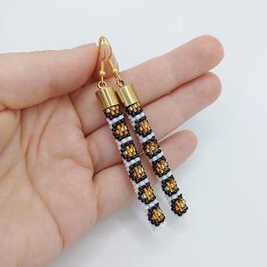 Beaded Snake Earrings – Handwoven Serpent Jewelry – Black White Gold – Hypoallergenic Ear Wires – Minimalist Gift for Her