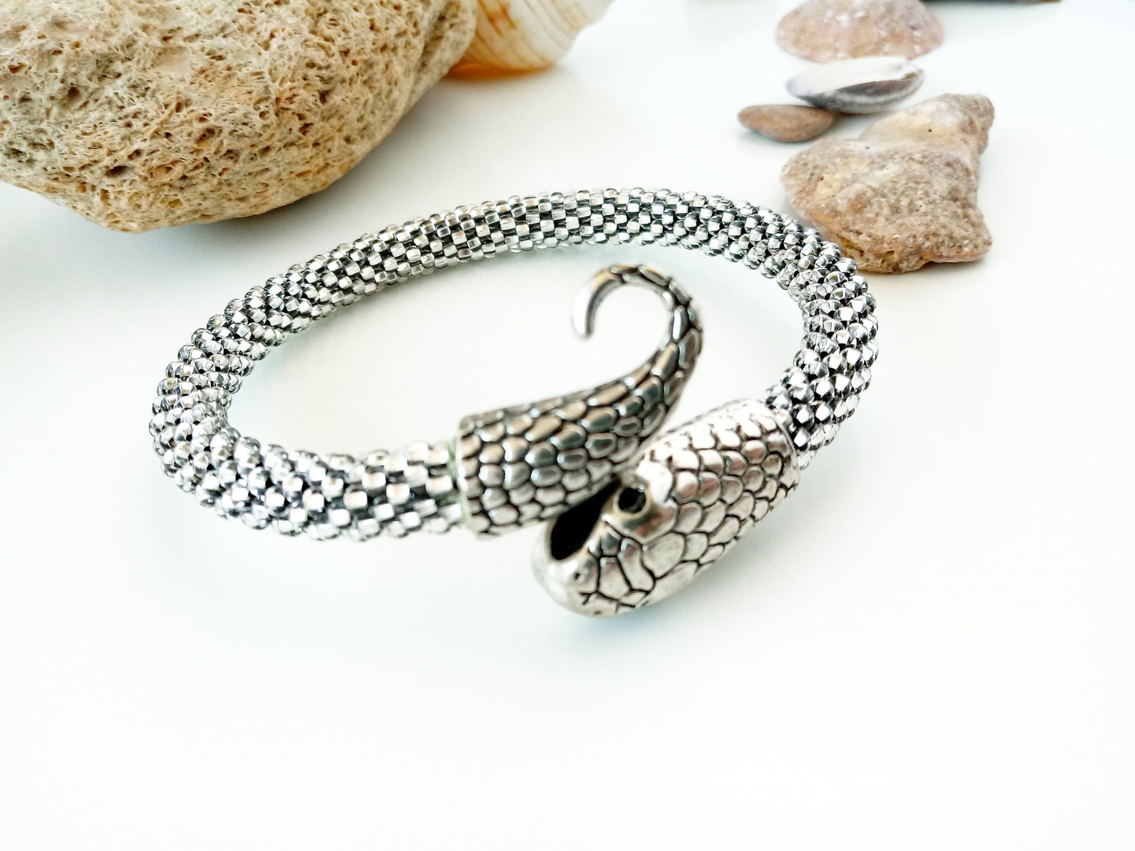 Silver snake bracelets for women Seed bead memory wire Etsy