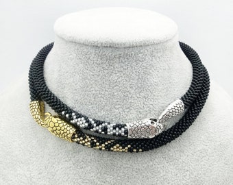 Wiccan Bead Jewelry: Asymmetric Serpent Choker Necklace with Python Print Motif, Black Men Serpent Necklace, Silver or Gold Ouroboros Choker