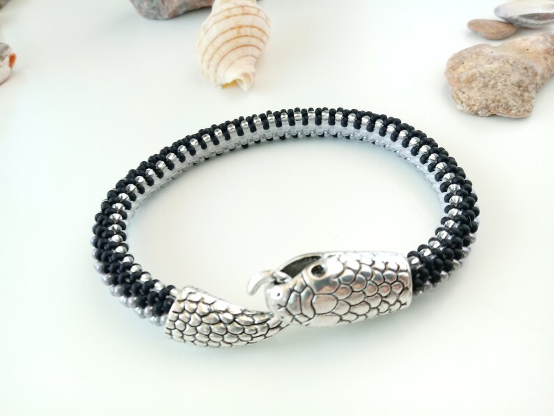 Snake bracelet for womans or mens Beaded bracelet serpent Silver ouroboros bracelet