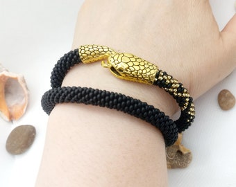 Bracciale con serpente Ouroboros nero - Gioielli con serpente a doppio giro, braccialetto in pelle di serpente con perline, regalo per donna, gioielli simbolici fatti a mano