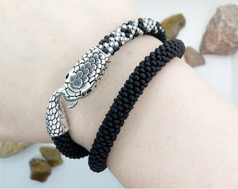 Bold Black Snake Jewelry, Serpent Wrap Beaded Bracelet, Goth Reptile Ouroboros Bangle, Mens Python Snakeskin Bracelet