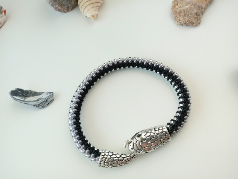 Snake bracelet for womans or mens Beaded bracelet serpent Silver ouroboros bracelet