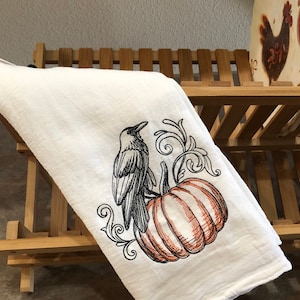 Black Raven and Pumpkin flour sack towel, kitchen accents, Fall, Halloween decor, dish towels, Gifts under 20