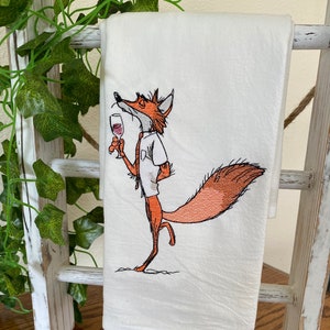 Aristocratic Fox with Glass of Red Wine Embroidered Tea towel, Wine Lover Gift, Kitchen Hand Towel, Floursack Towel, Fox Embroidery