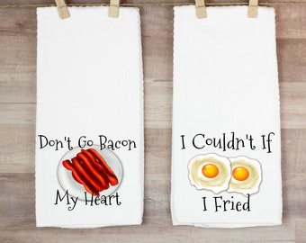 Fried Eggs and Bacon  kitchen towels, Towel Set, Funny Food Puns, Kitchen Decor, Breakfast themed towels, Sold individually or as a set