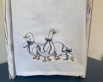 Blue Ribbon Goose Trio Embroidered Kitchen Towel, Trio of Geese, Funny towels, Embroidered towels, Farmhouse Towels