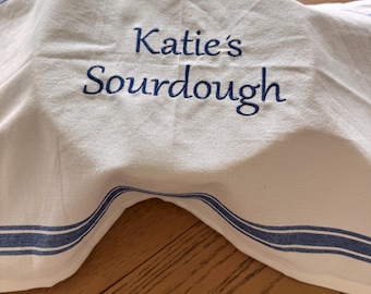 Personalized Sourdough Embroidered Kitchen Towel, Embroidered towels, Bread baker Towels, Bakers Gift, Vintage Striped Towels