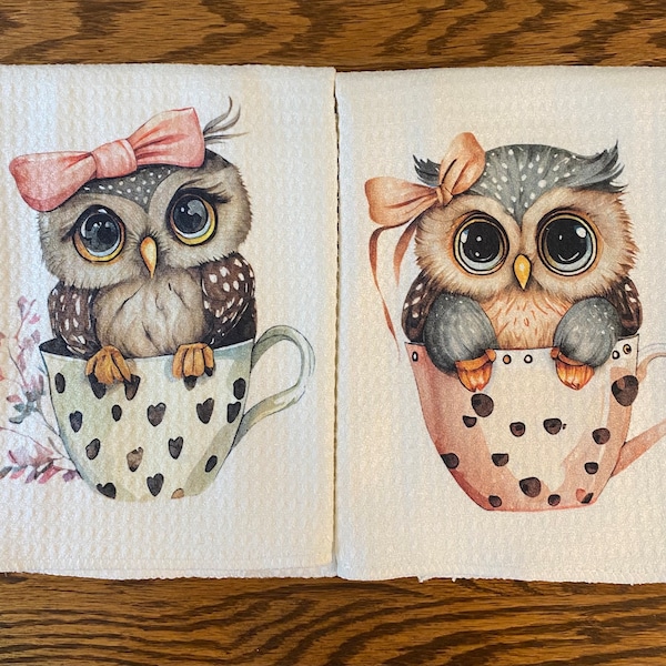 Spotted Owl in a Teacup Kitchen Towel, Owl lover gift, Owls with Pink Bows,Housewarming Gift, Gift for Mom, Sold Individually or as a set