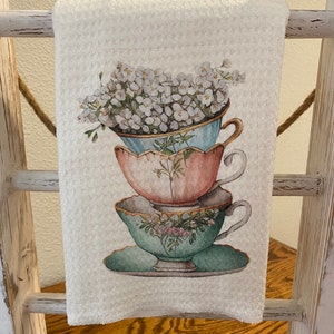Stack of teacups Kitchen Towel,  Vintage teacup Hand Towel, Teacup collector gift, Gift for Mom, Tea time, Tea Towel, High Tea Time