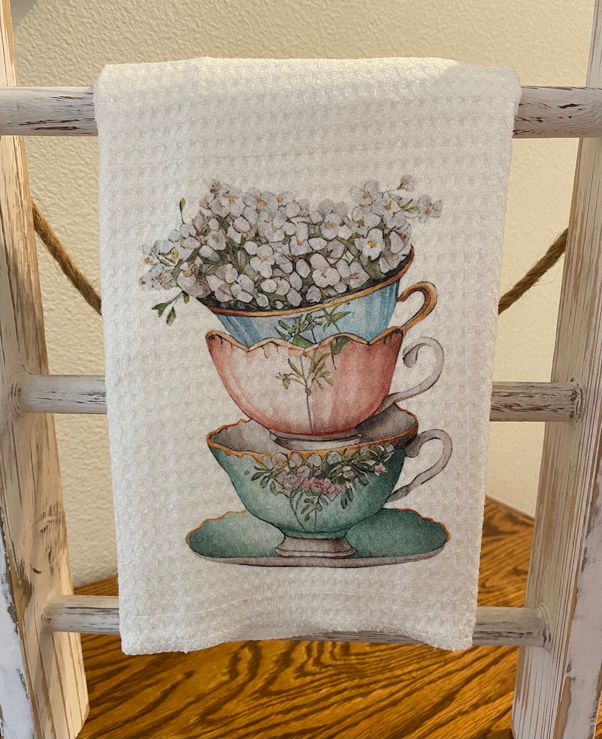 Hand Embroidered Kitchen Tea Towel Coffee Cup with Steam White 26.5” X  16.5”