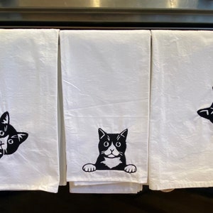 Peeking Cat Trio Flour sack Embroidered kitchen towel, Sold individually or in sets. Cat Humorous Towels, Gifts under 20, Cat dish towel