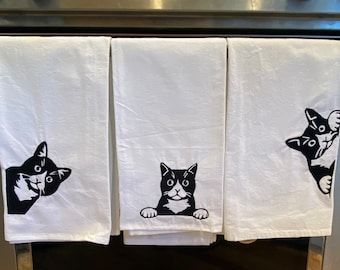 Peeking Cat Trio Flour sack Embroidered kitchen towel, Sold individually or in sets. Cat Humorous Towels, Gifts under 20, Cat dish towel