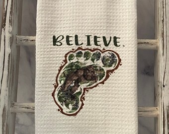 Believe Bigfoot Kitchen Towel, PNW Kitchen Decor, Waffle Kitchen Towel, Bigfoot fan Kitchen Towel