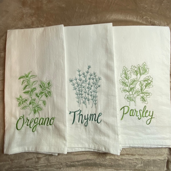 Kitchen Herb collection, Embroidered flour sack towels, Oregano, Thyme & Parsley botanical embroidery design,  Sold individually or in sets