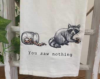 Mischievous Racoon You Saw Nothing kitchen towel, Racoon with cookies,  Embroidered Flour sack towels, Animals  with Attitudes