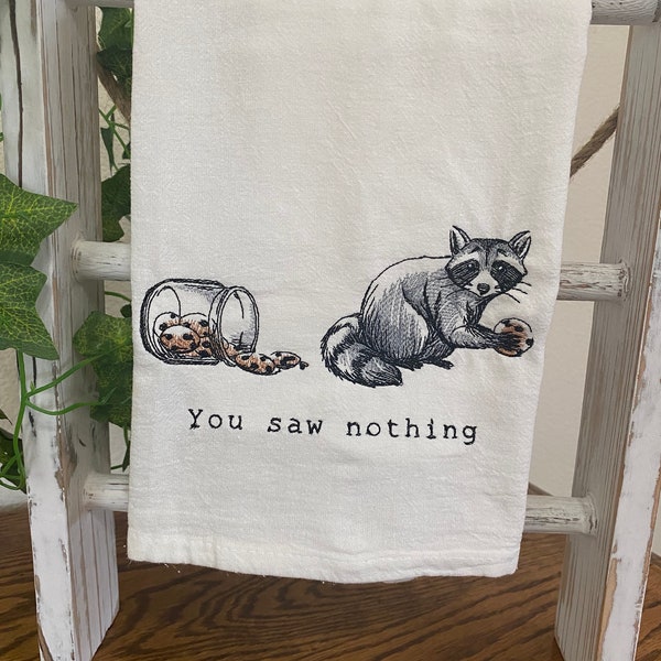 Mischievous Racoon You Saw Nothing kitchen towel, Racoon with cookies,  Embroidered Flour sack towels, Animals  with Attitudes