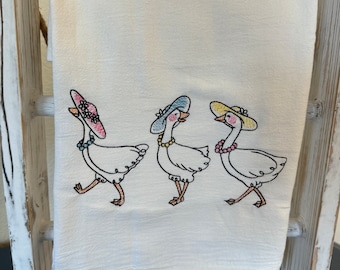 Silly Spring Goose Kitchen Towel, Trio of Geese, Funny towels, Embroidered towels, Gifts under 20