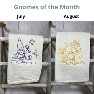 Gnomes of the month, Sold individually or in a 12 month set, Embroidered Flour Sack towel, kitchen decor, gift ideas, Gnome lovers