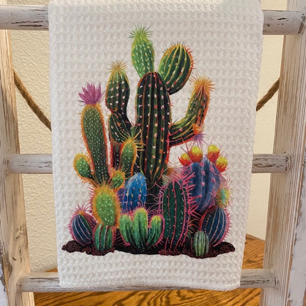Cactus Kitchen Towel, Southwest Decor, Watercolor Cactus in Bloom, Cactus Flower Hand Towel
