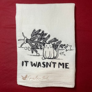Cat Kitchen Towel, Gift For Cat Lover, Embroidered Flour sack towels, Cats and Christmas trees, Gifts under 20