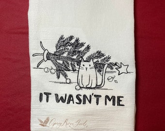 Cat Kitchen Towel, Gift For Cat Lover, Embroidered Flour sack towels, Cats and Christmas trees, Gifts under 20