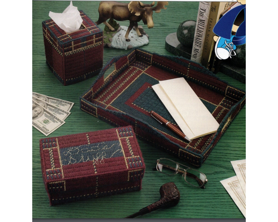 Father's Day Desk Set Plastic Canvas Pattern, Tissue Box Cover, Tray