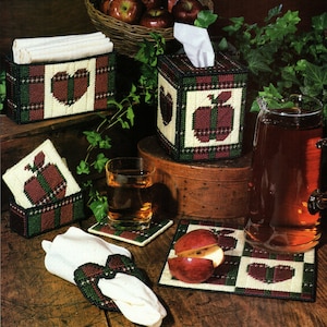 Juego de mesa con diseño de manzanas, diseño de lona de plástico, posavasos, salvamanteles, funda para caja de pañuelos, servilletero, servilletero