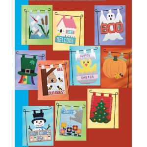 Ornamental Flags Plastic Canvas Pattern, Seasonal Flags, Halloween, Easter, Christmas, Spring, Fall, Summer, Winter. 10 Flags
