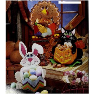 Holiday Holders Plastic Canvas Pattern, Bunny, Turkey, Black Cat, Halloween, Thanksgiving, Candy Dish