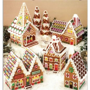 Gingerbread Village Plastic Canvas Pattern, Church, Trees, House, Shops
