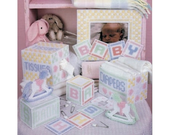 Baby Nursery Set Plastic Canvas Pattern, Tissue Box Cover, Diaper Container, Bank, Block, Door Hanger, Horse, Frame