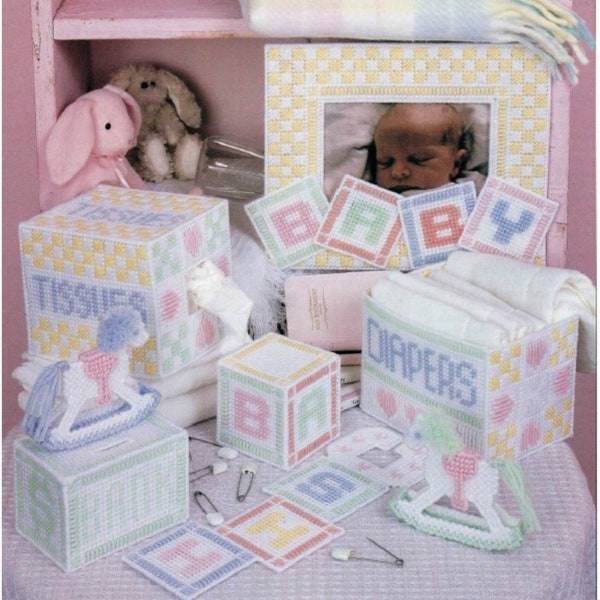 Baby Nursery Set Plastic Canvas Pattern, Tissue Box Cover, Diaper Container, Bank, Block, Door Hanger, Horse, Frame