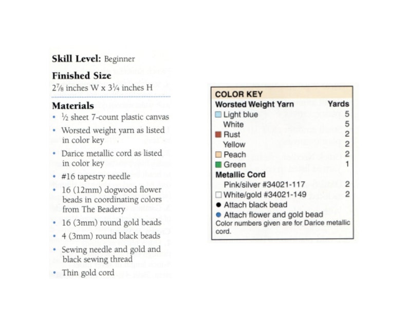 May include: A color key chart for a craft project. The chart lists the colors and quantities of worsted weight yarn and metallic cord needed for the project. The yarn colors include light blue, white, rust, yellow, peach, and green. The metallic cord colors include pink/silver and white/gold. The chart also includes instructions for attaching black beads and flower and gold beads.