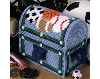 Sports Treasure Chest Plastic Canvas Pattern, Sports Box, Baseball, Basketball, Football, Soccer