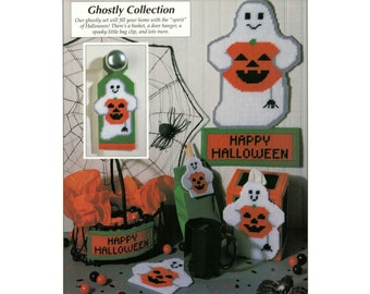 Ghost Decoration Set Plastic Canvas Pattern, Coaster, Door, Basket, Bag Clip, Tissue Box Cover