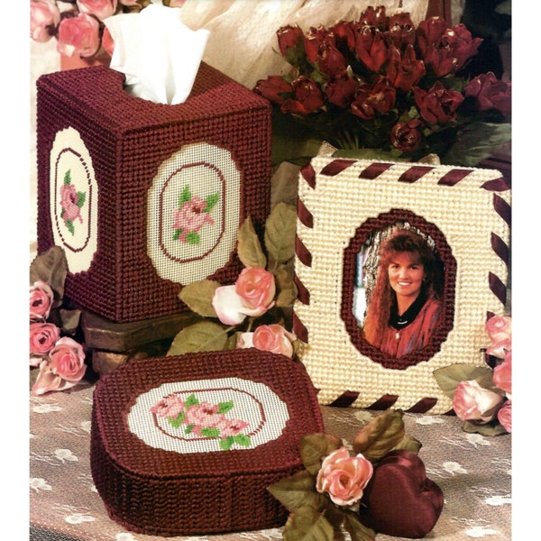 Rose Set Plastic Canvas Pattern, Tissue Box Cover, Frame, Trinket Box