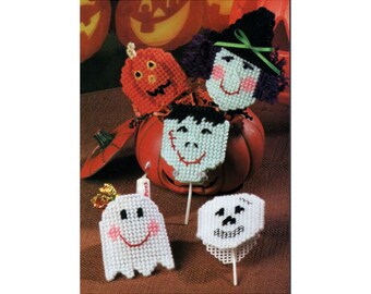 Lollipop Covers Plastic Canvas Pattern, Jack O Lantern, Witch, Frankenstein, Ghost, Skull