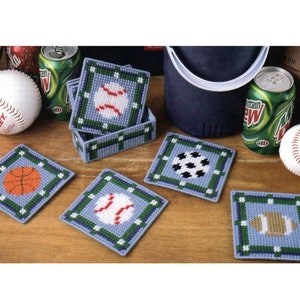 Sports Coaster Set Plastic Canvas Pattern, Baseball, Basketball, Football, Soccer